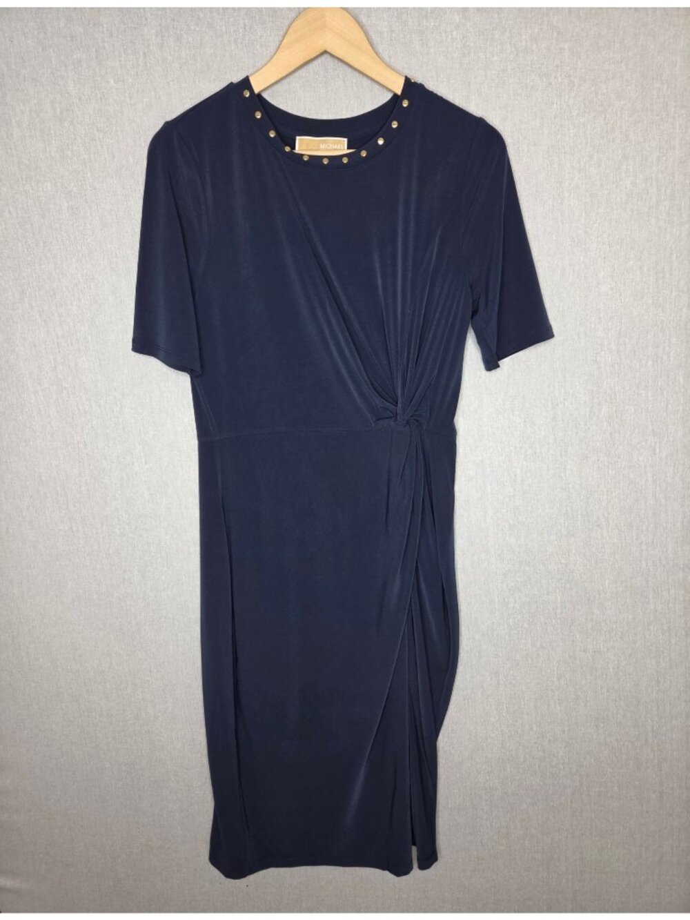 MICHAEL Michael Kors Navy Blue Midi Dress Size S/M Stretch Side Slit Ruched